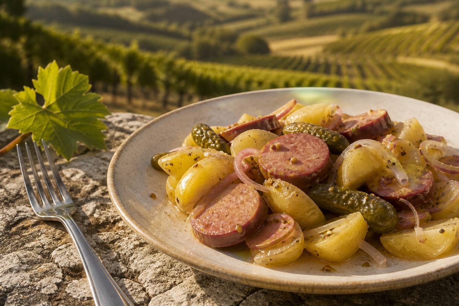 Gros plan de pommes de terre, cervelas et cornichons nappés d'une vinaigrette moutardée