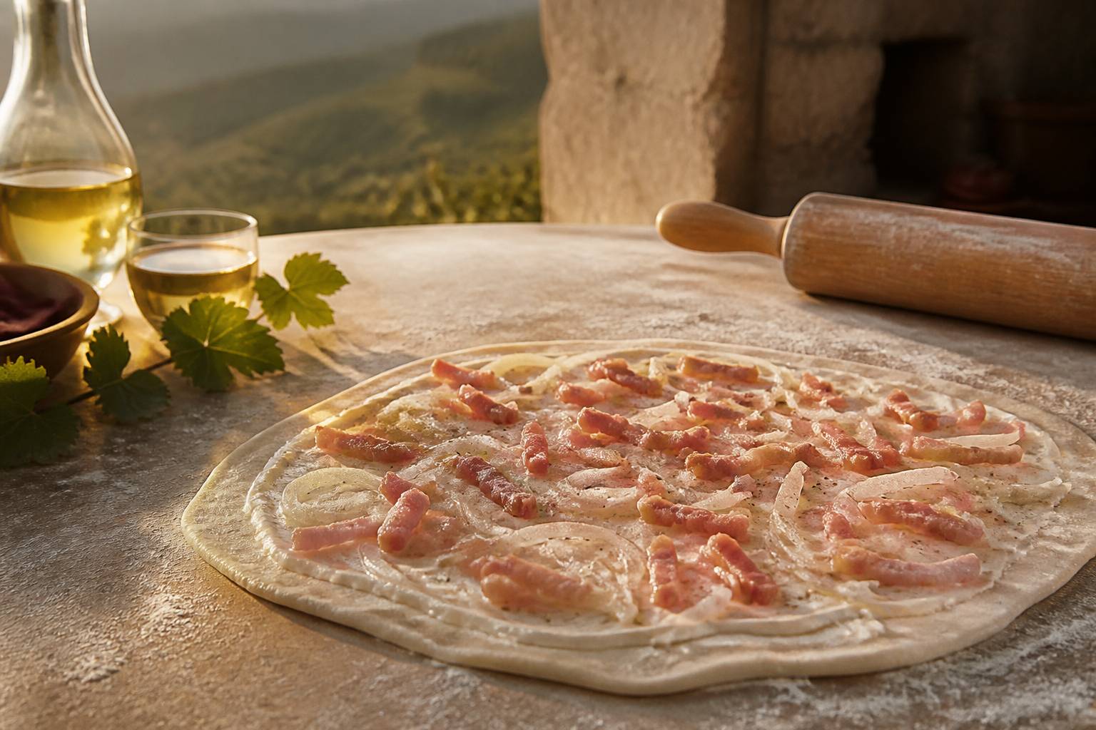 Pâte fine garnie de crème, oignons et lardons fumés