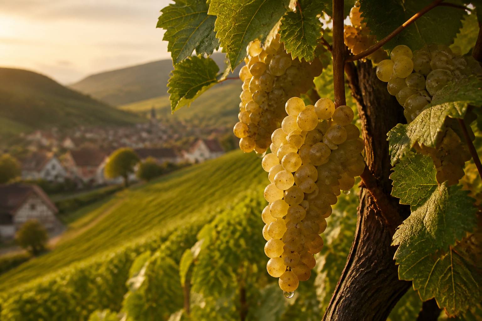Grappes de raisin blanc sur pied de vigne aux coteaux