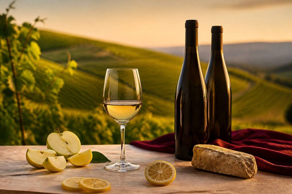 Verre de Riesling alsacien aux reflets pâles posé sur table en bois avec bouteilles élancées et agrumes