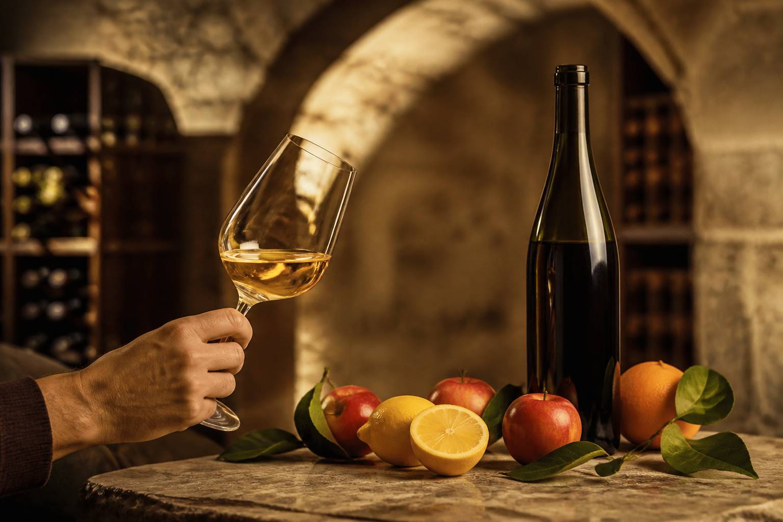 Main de dégustateur tenant un verre de Riesling incliné au-dessus d'une table en pierre