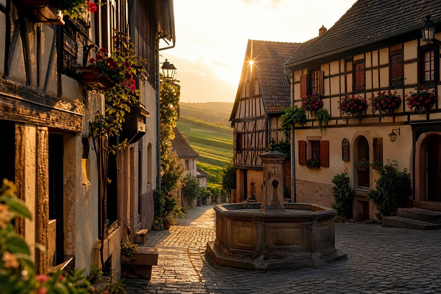 Rue de village alsacien avec maisons à colombages aux géraniums et fontaine en pierre