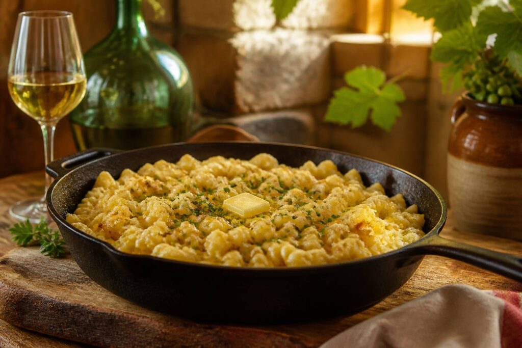 Spaetzle dorés au beurre dans une poêle en fonte
