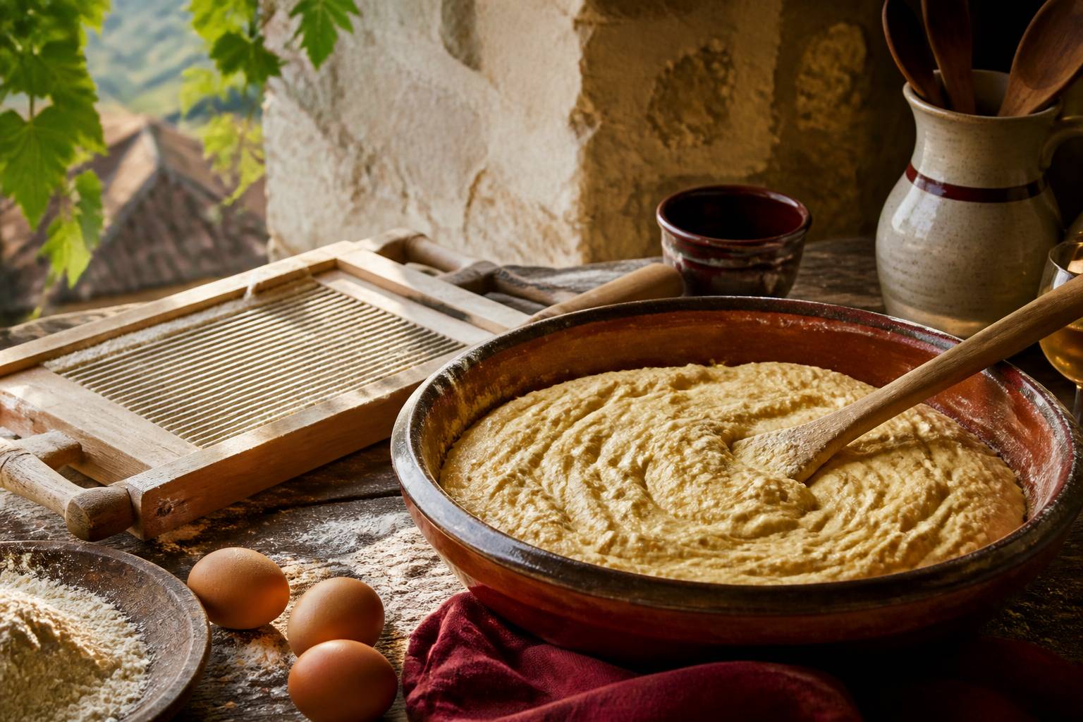 Préparation d'une pâte à spaetzle épaisse dans un bol en terre