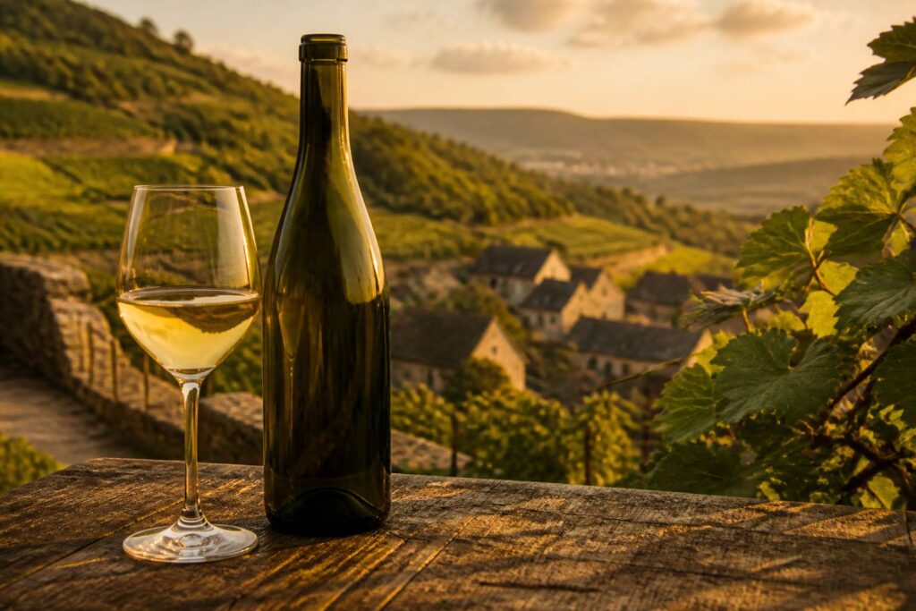 Verre de vin blanc générique sur une table devant des coteaux de vignes alsaciens
