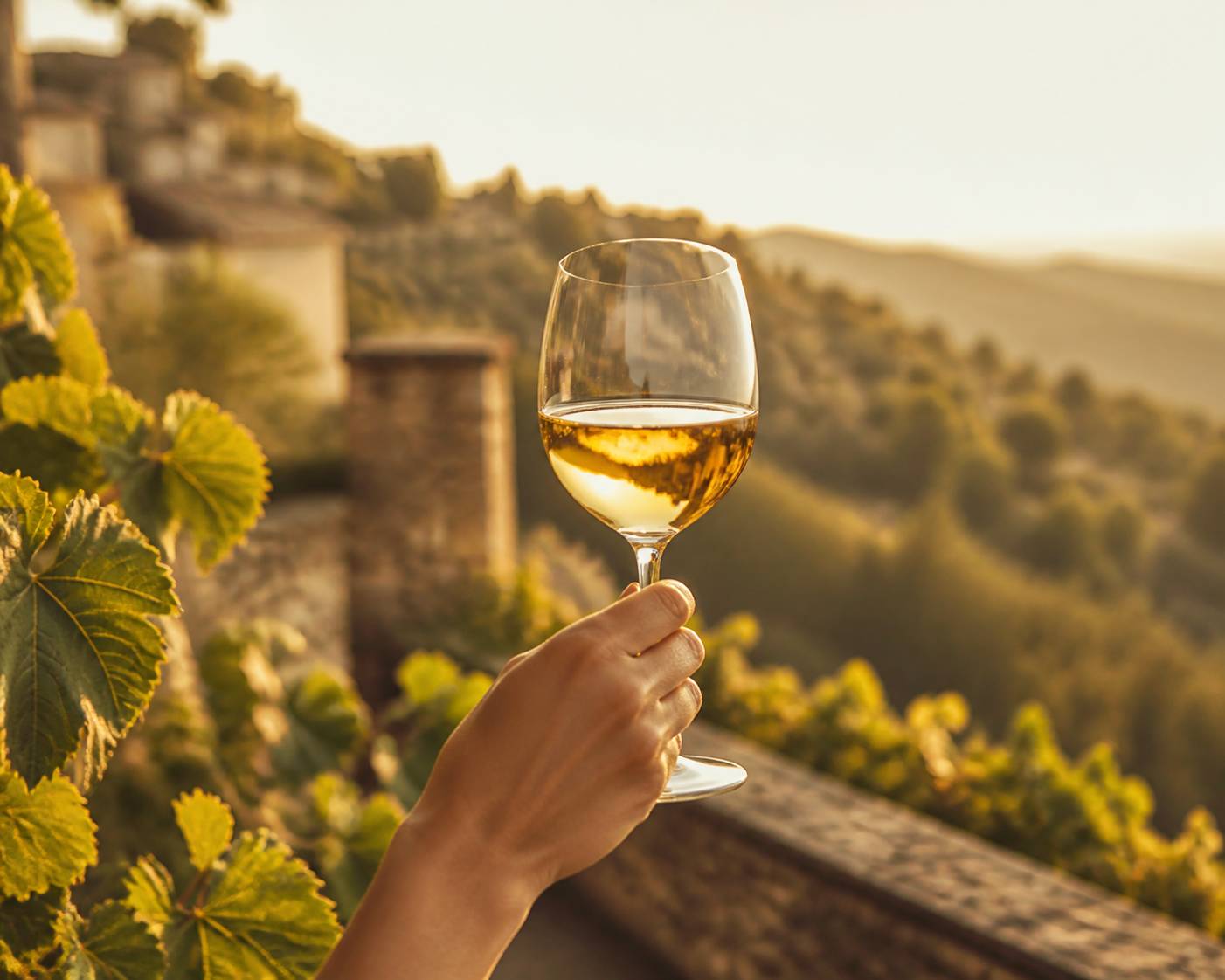 Verre de vin blanc doré tenu à la main avec vignoble flou en arrière-plan