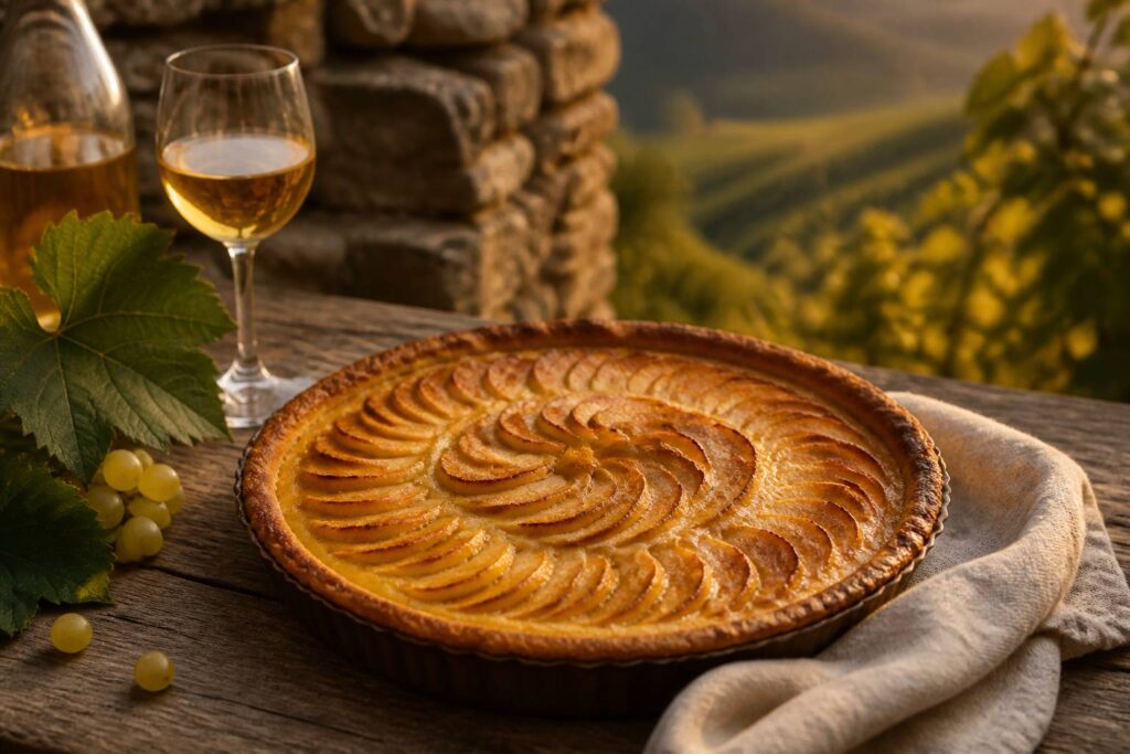 Tarte aux pommes alsacienne dorée avec pommes en rosace et migaine crémeuse
