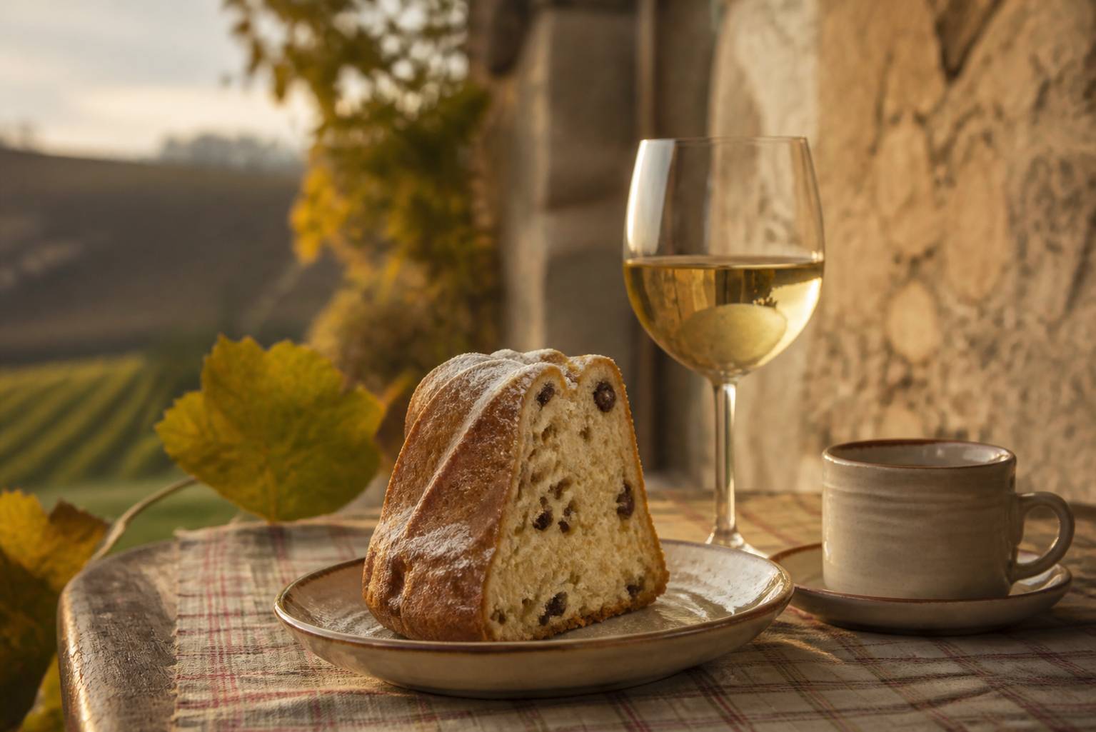 Tranche de kouglof sur assiette en faïence avec un verre de vin blanc