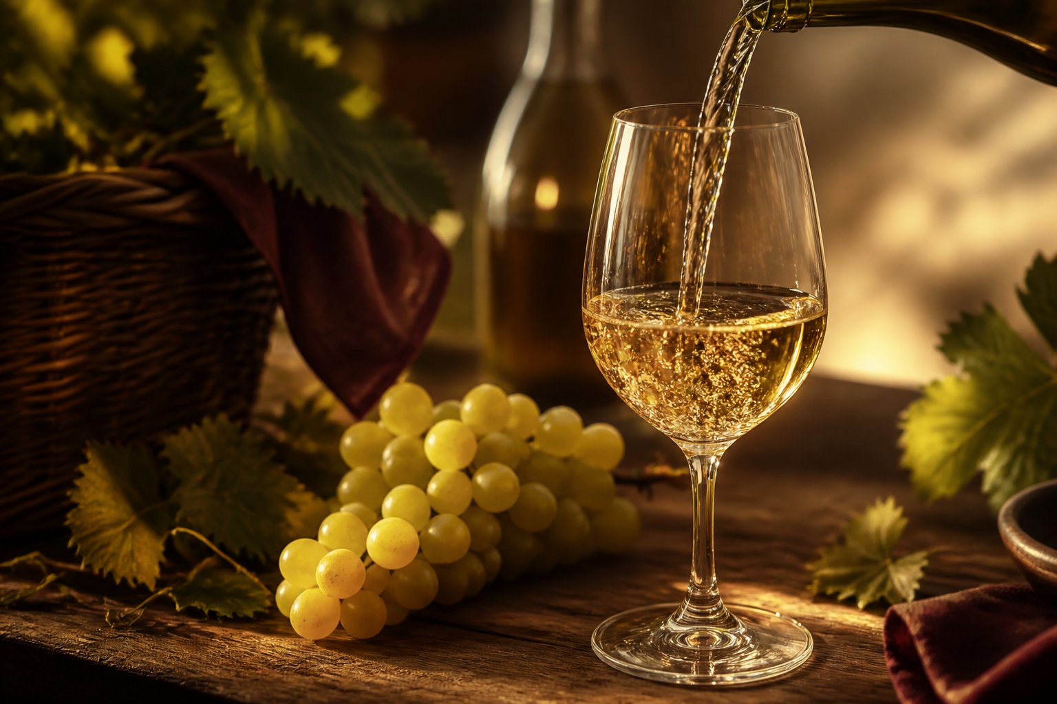 Verre de vin blanc en cours de service avec une grappe de raisin blanc