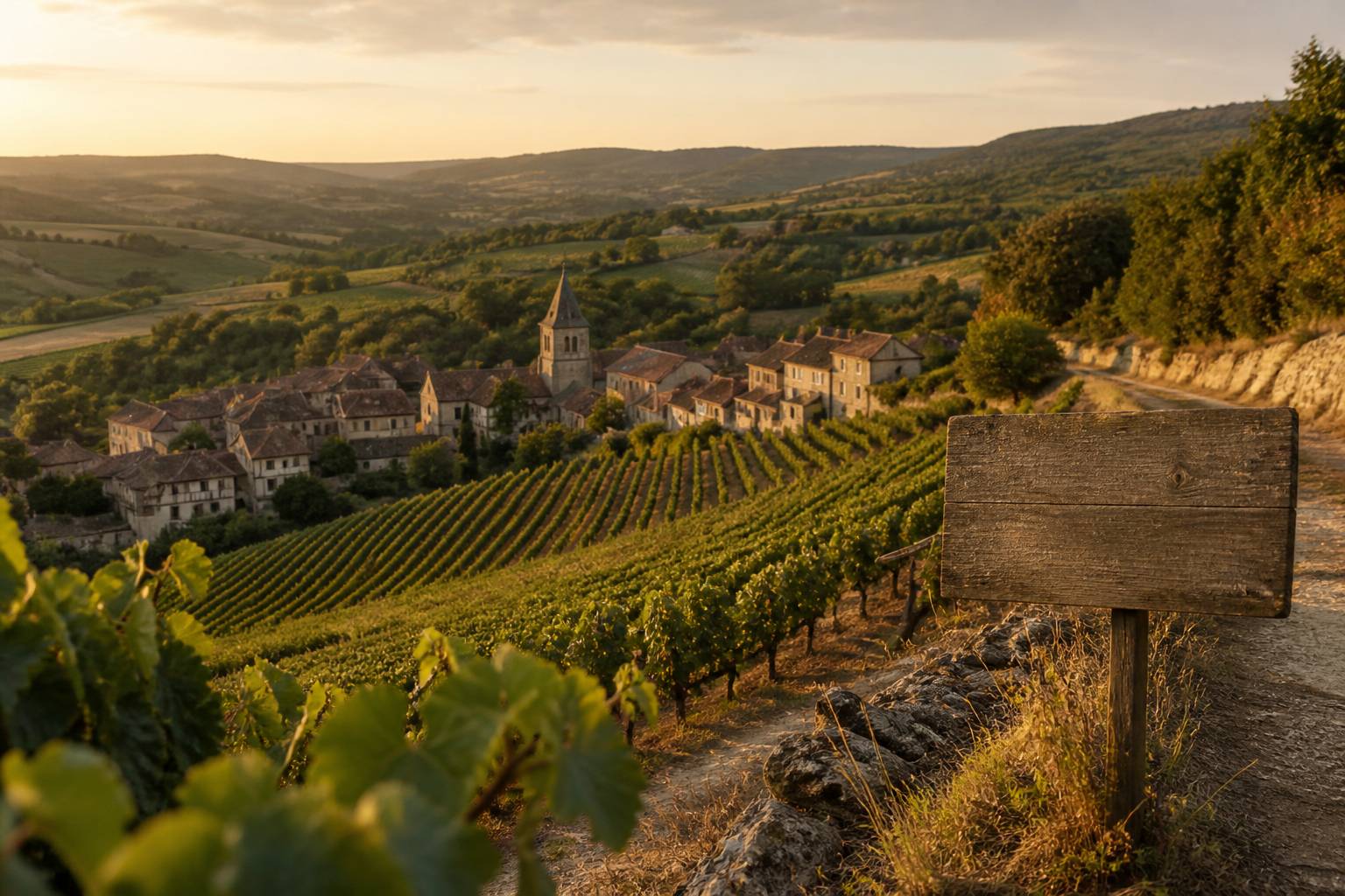 Rangs de vignes descendant vers un village alsacien à colombages