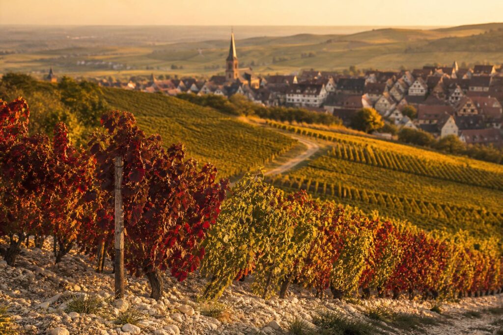 Coteaux viticoles alsaciens avec village à colombages