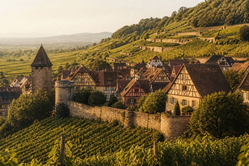 Village viticole alsacien typique avec maisons à colombages colorées entourées de vignes en pente