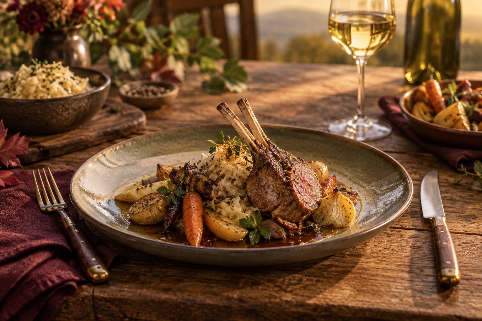 Assiette de cuisine alsacienne travaillée avec verre de vin blanc dans une salle chaleureuse