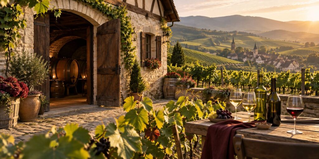 Illustration éditoriale du sujet : Caves à vin en Alsace : lesquelles visiter sur la route des vins