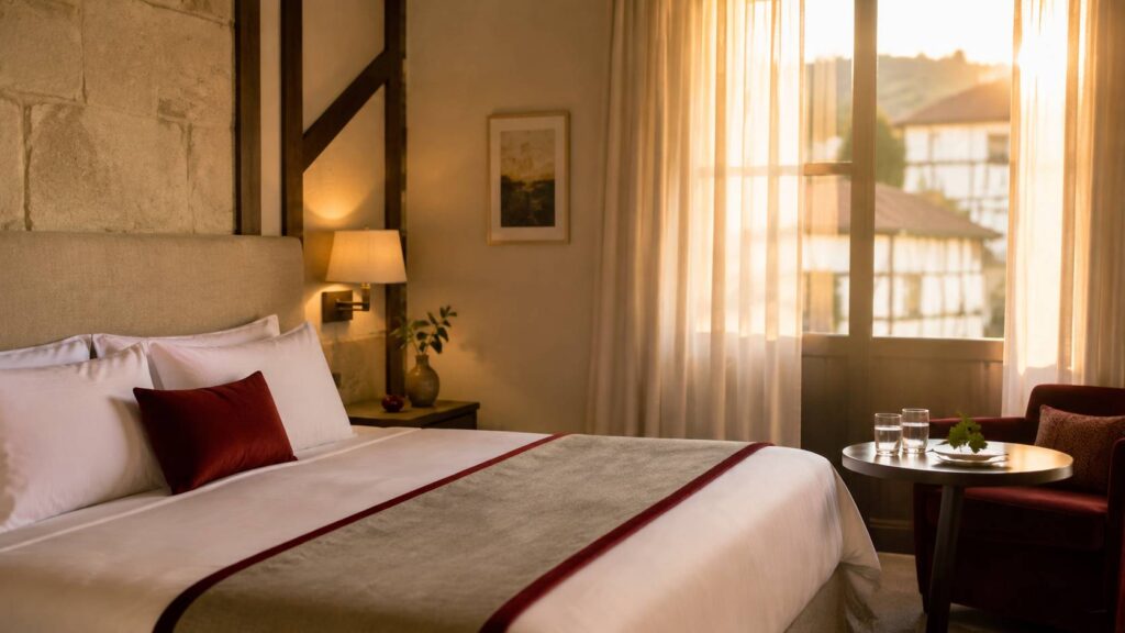 Chambre d'hôtel au lit blanc impeccable et lumière dorée