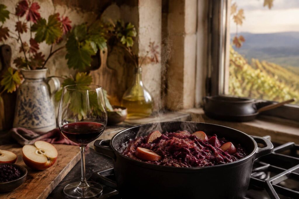 Cocotte en fonte de chou rouge mijoté aux pommes avec un verre de vin rouge
