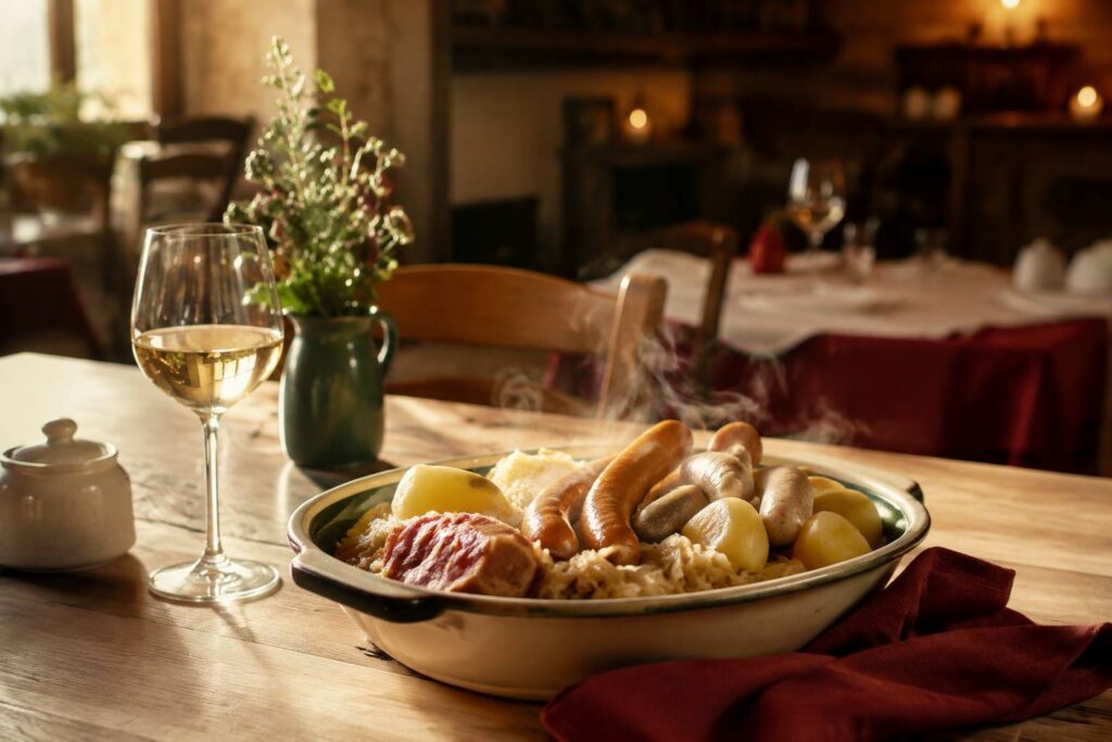 Choucroute garnie fumante avec saucisses et pommes de terre sur une table en bois, verre de vin blanc