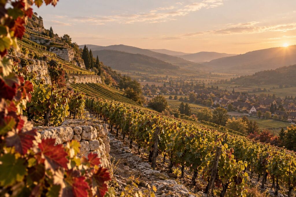 Coteaux viticoles d'Alsace en fin d'après-midi avec rangs de vignes