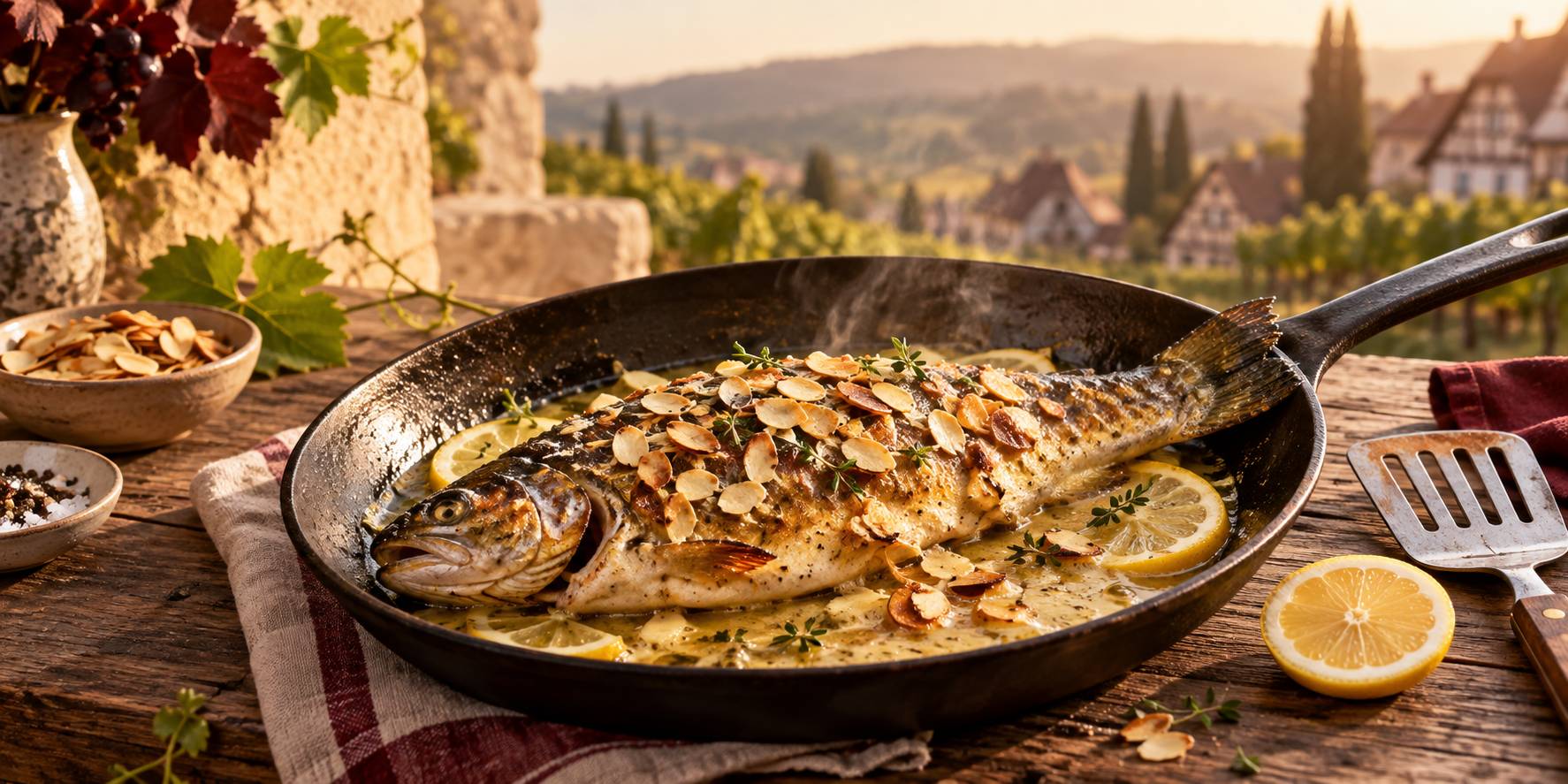 Détail d'amandes effilées et de beurre citronné sur une truite poêlée