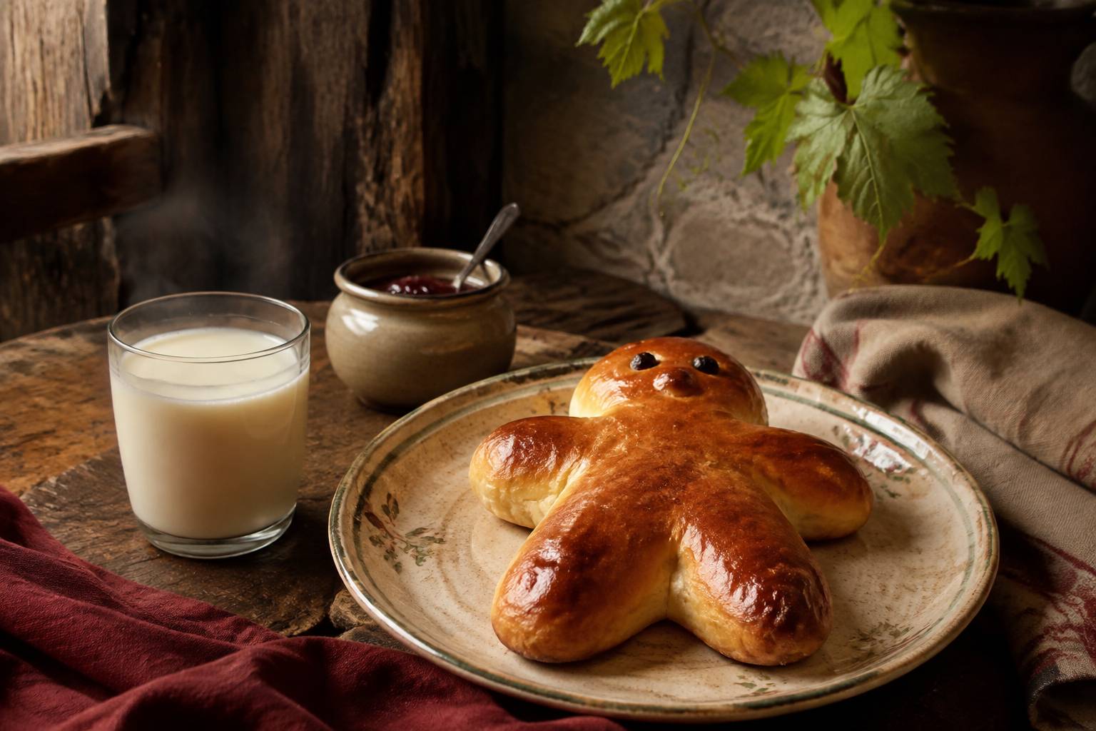 Brioche manala servie sur une assiette avec un verre de lait chaud