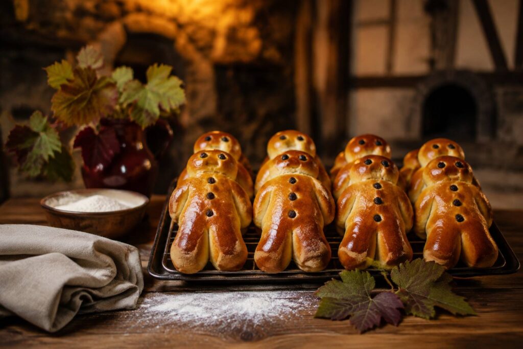 Brioches alsaciennes manala en forme de bonhomme dorées sur une plaque de cuisson