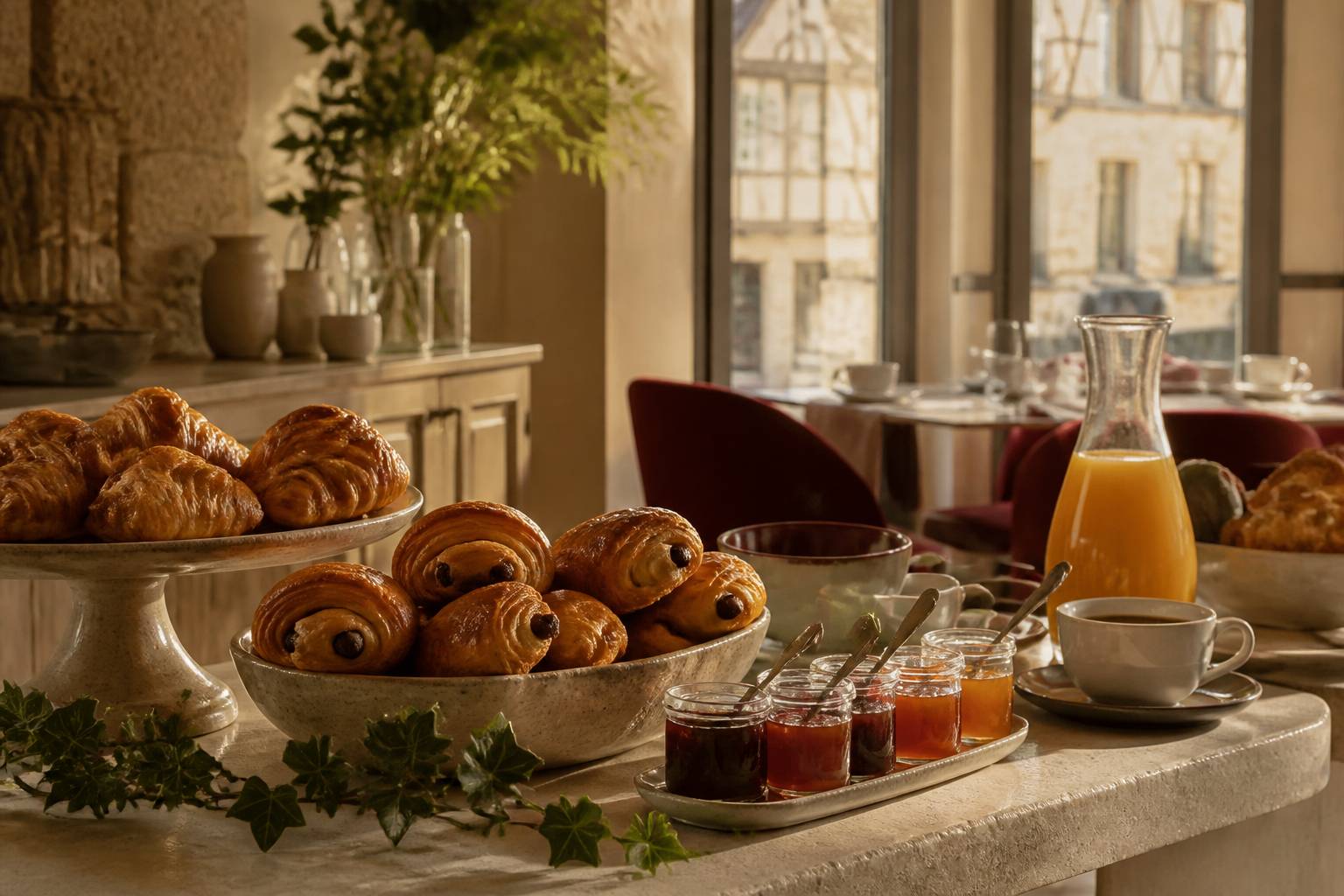 Buffet de petit-déjeuner d'hôtel avec viennoiseries dorées