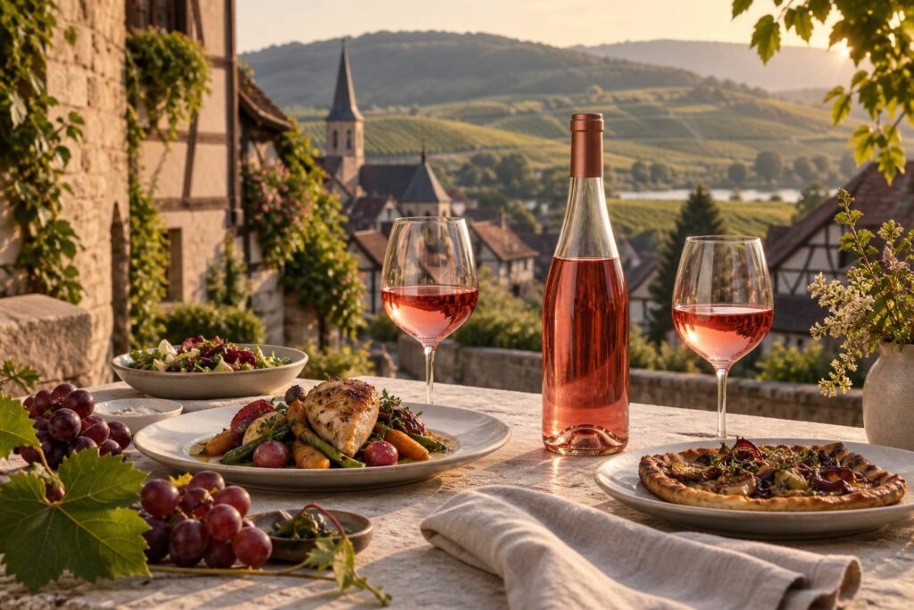 Illustration éditoriale du sujet : Pinot noir rosé d'Alsace : profil et accords mets