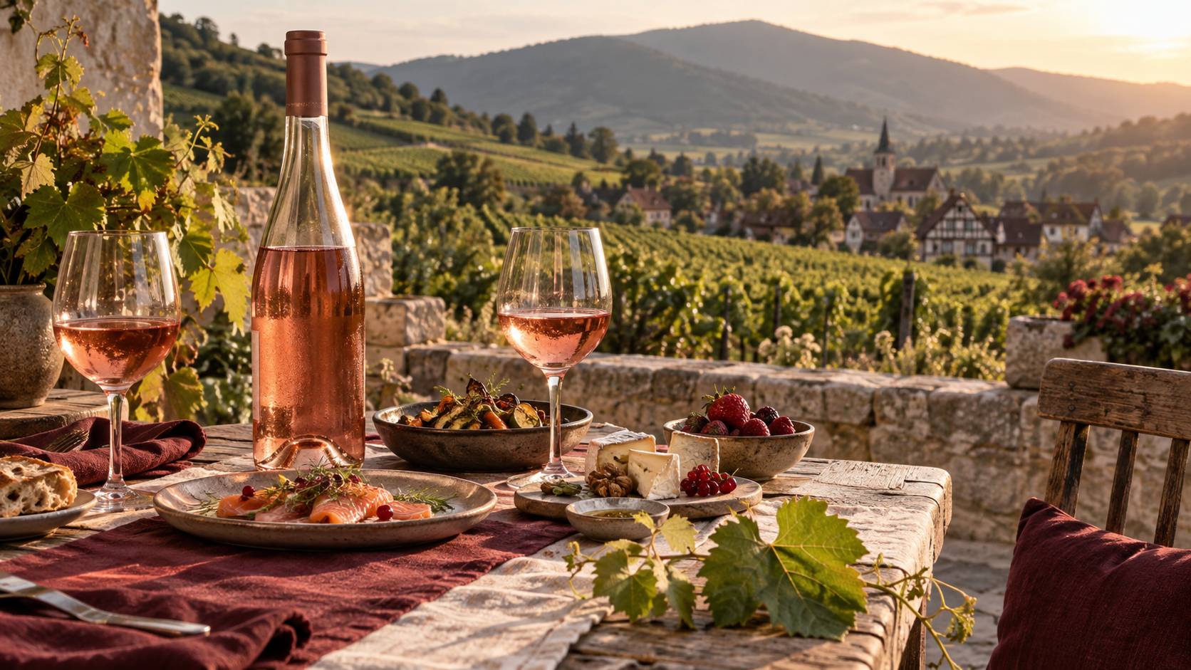 Illustration éditoriale du sujet : Pinot noir rosé d'Alsace : profil et accords mets
