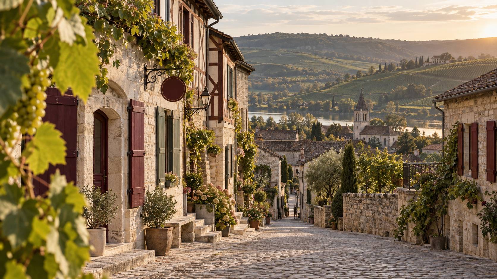Rue de village viticole avec maisons a colombages et vignes en coteau