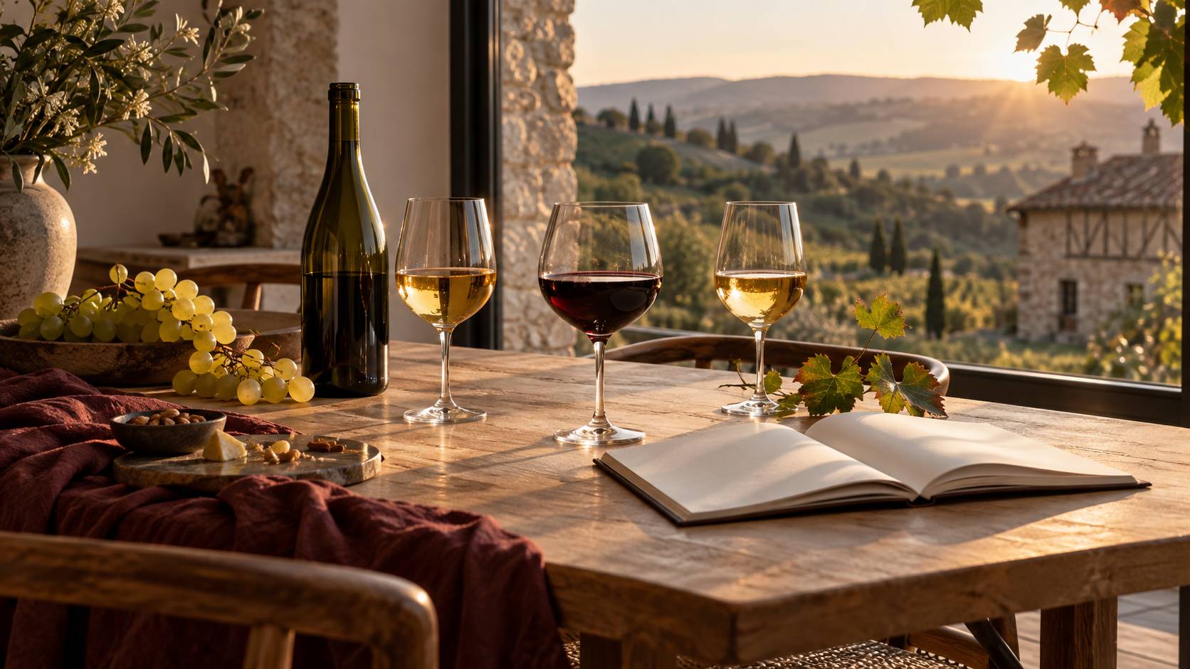 Verres de vin blanc et rouge avec grappes de raisin sur une table en bois