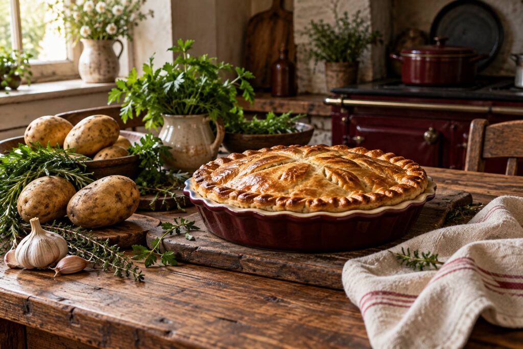 Tourte doree dans sa tourtiere sur une table rustique avec des herbes