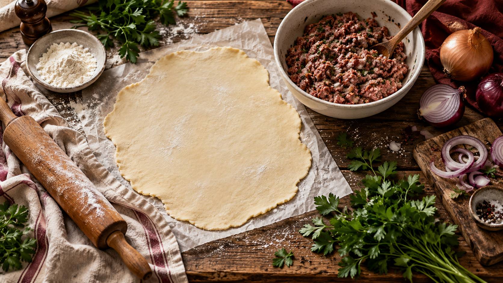 Pate brisee et farce de viande sur un plan de travail avant cuisson