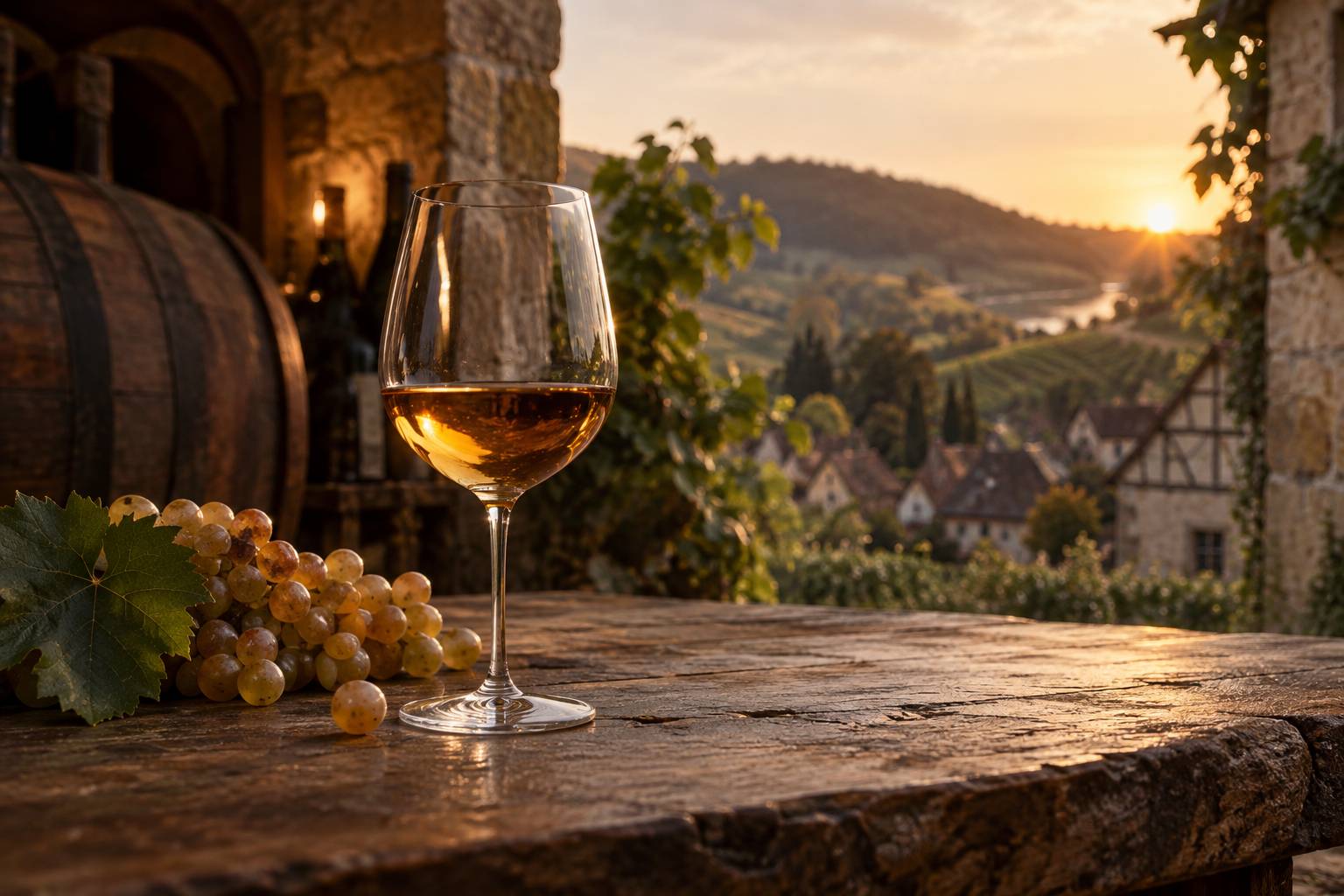 Gros plan sur un verre de riesling ambré lors d'une dégustation en cave
