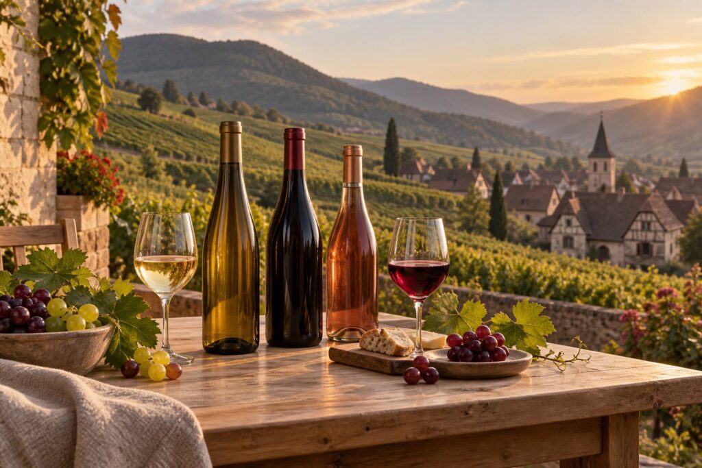 Illustration éditoriale du sujet : Vin d'Alsace : comprendre les appellations et les cépages