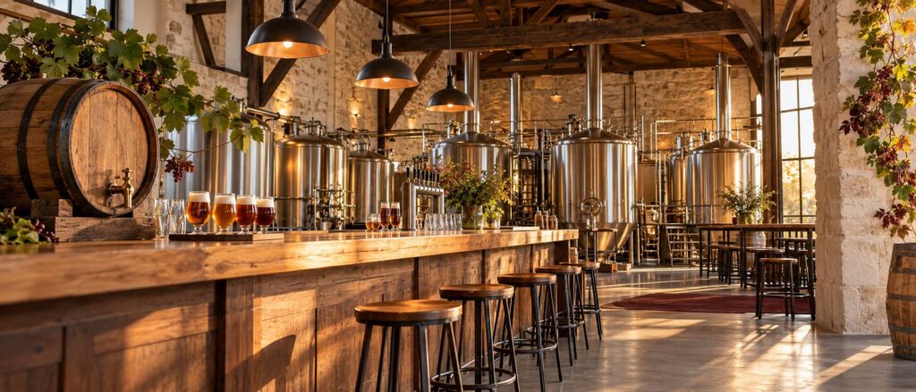 Cuves en inox d'une brasserie artisanale derrière un comptoir avec verres de bière