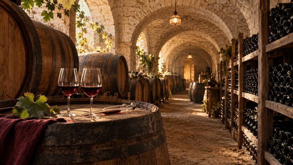Cave viticole avec fûts de chêne, bouteilles sans étiquette et verres de dégustation