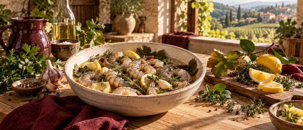 Crevettes crues marinant dans un bol avec vin blanc, citron et herbes fraîches