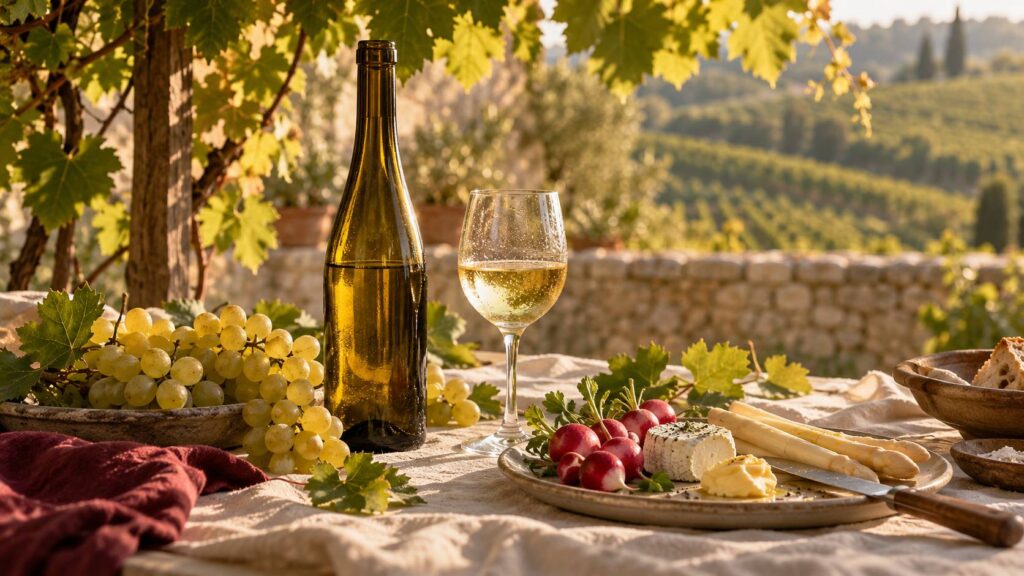 Table d'apéritif au vin blanc : verre de muscat, grappes de raisin blanc, radis et bouteille sans étiquette