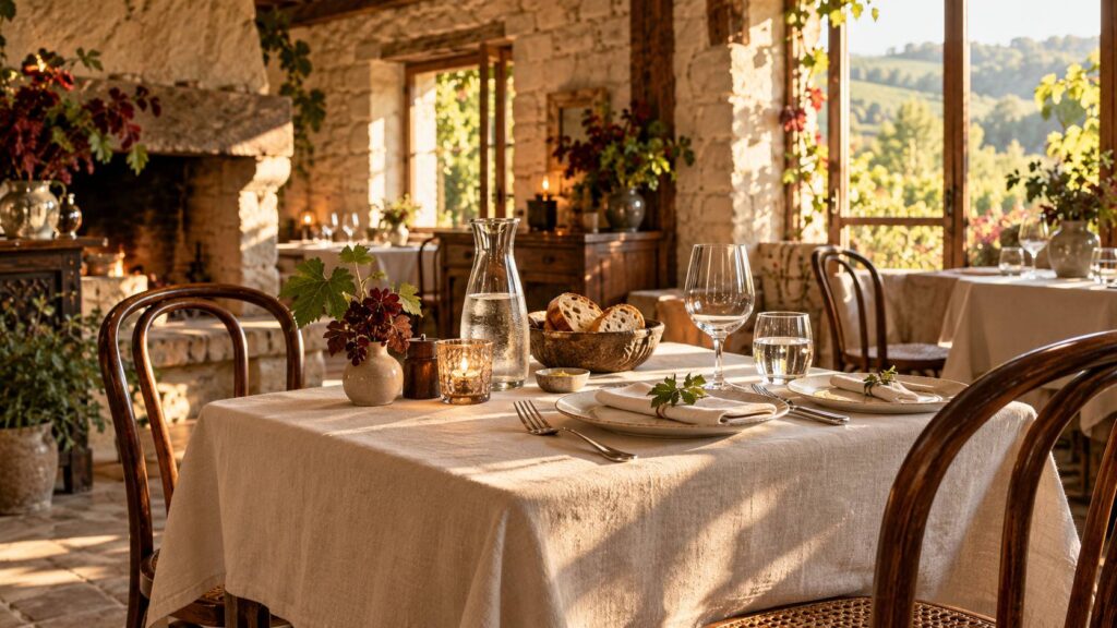 Table dressée pour deux dans une auberge avec poutres apparentes et corbeille de pain