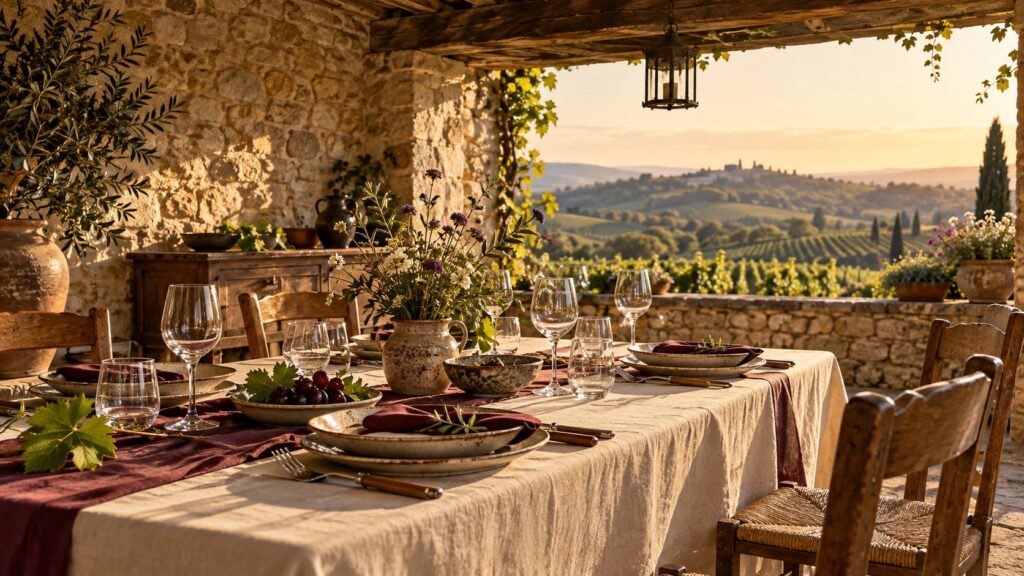 Table de restaurant dressée sous des poutres anciennes avec nappe de lin, assiettes de grès et fleurs des champs