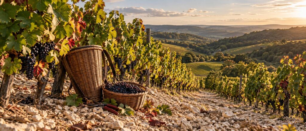 Rangs de vigne sur coteau avec hotte de vendangeur, panier de raisins noirs et sécateur